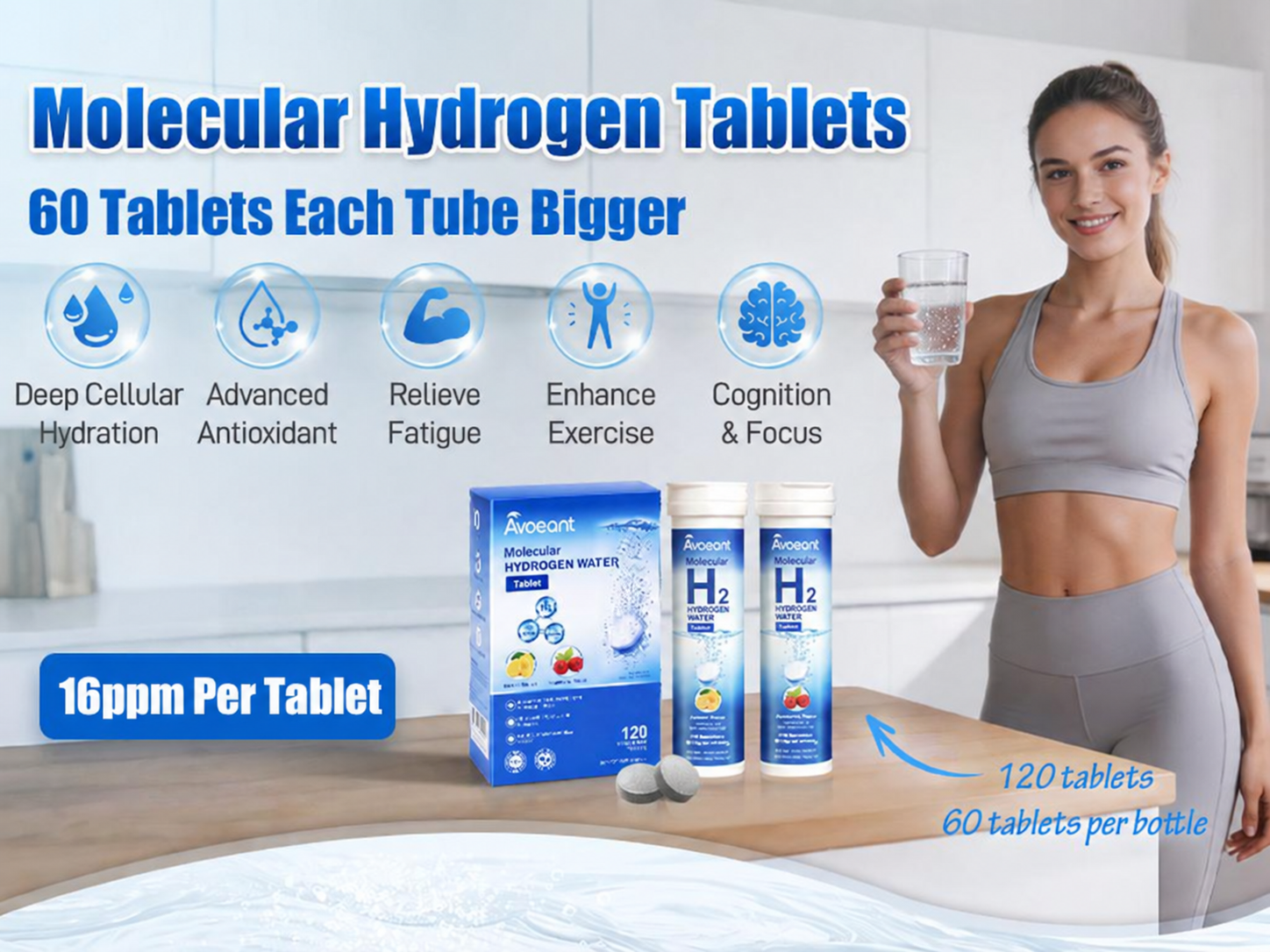 Avaeant molecular hydrogen water tablets shown in an active lifestyle setting