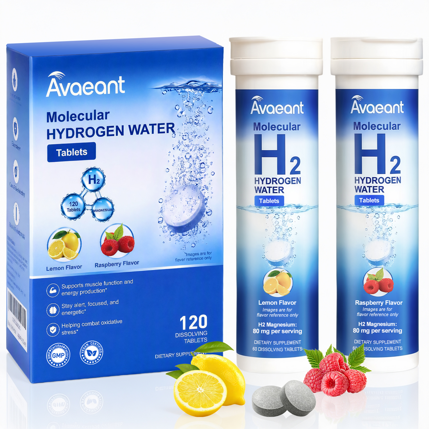 Avaeant Molecular Hydrogen Water tablets in lemon and raspberry flavors